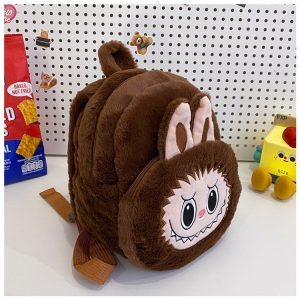 Sac à dos Labubu en peluche marron – Accessoire kawaii