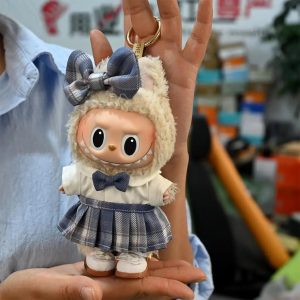 Tenue Kawaii pour Poupée Labubu – Robe Bleue à Carreaux avec Nœud