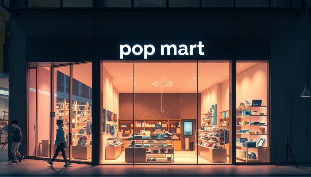 A high-end retail display showcasing a vibrant and trendy "pop mart" storefront. The exterior features sleek, minimalist architecture with large glass windows, allowing passersby to glimpse the stylish merchandise within. The interior is bathed in warm, diffused lighting, highlighting the carefully curated selection of products. The shelves and displays are arranged with a keen eye for visual appeal, creating an inviting and visually striking shopping experience. The overall mood is one of contemporary sophistication, appealing to fashion-conscious consumers seeking the latest trends in lifestyle products.