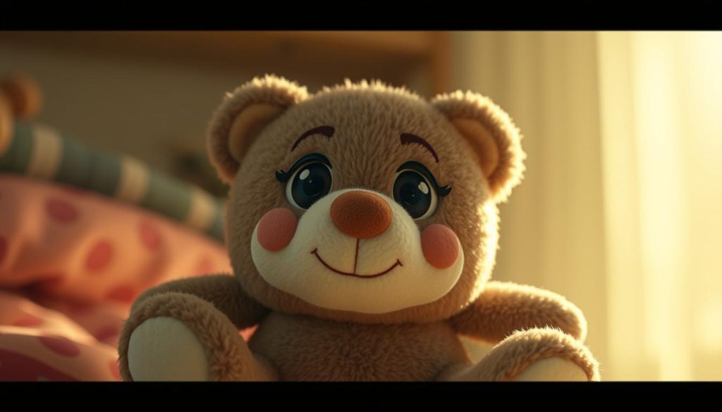A plush toy with expressive eyes, a cute button nose, and a friendly smile sits in a cozy, soft-focus environment. The lighting is warm and gentle, casting a subtle glow on the fuzzy surface. The camera angle is slightly elevated, capturing the toy's endearing form from an eye-level perspective. The composition is balanced, with the toy occupying the central focus and the background fading into a dreamy, pastel-toned softness. The overall mood is inviting, nostalgic, and captures the essence of a beloved, handcrafted stuffed animal.