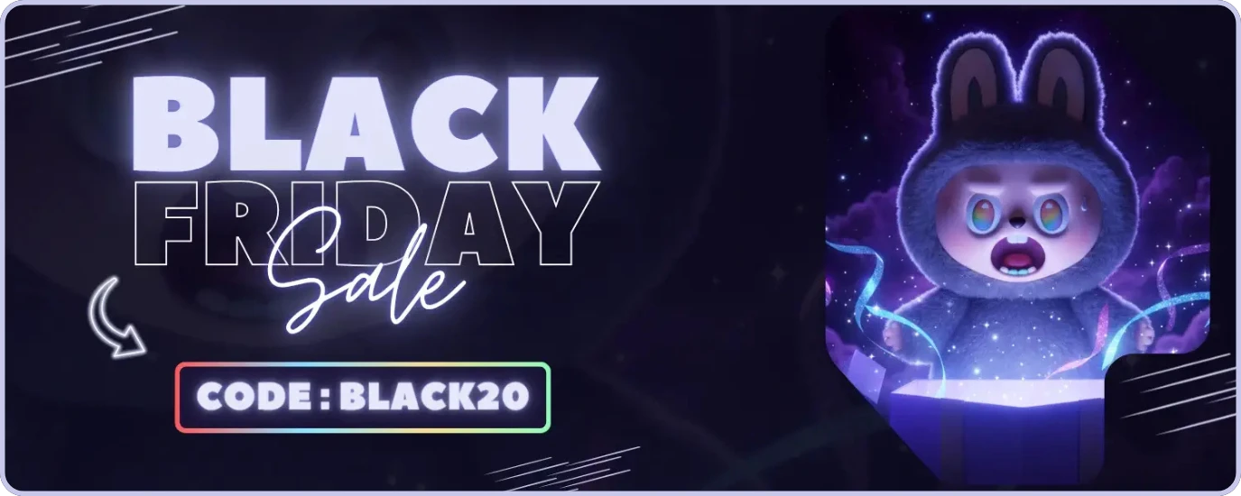 Bannière Black Friday Labubu avec boîtes mystères brillantes et ambiance violette magique