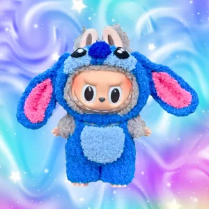 Labubu × Stitch – Combinaison Peluche Bleue pour Poupée 17 cm