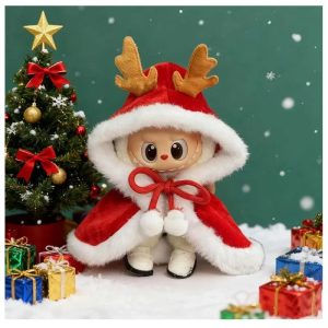 Labubu Tenue Cape Renne Noël 17 cm – Cape Rouge en Velours avec Bois