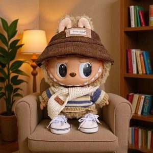 Tenue Labubu 38 cm – Ensemble “Autumn Explorer” avec Pull Rayé, Écharpe Crème, Bob en Velours et Baskets Blanches